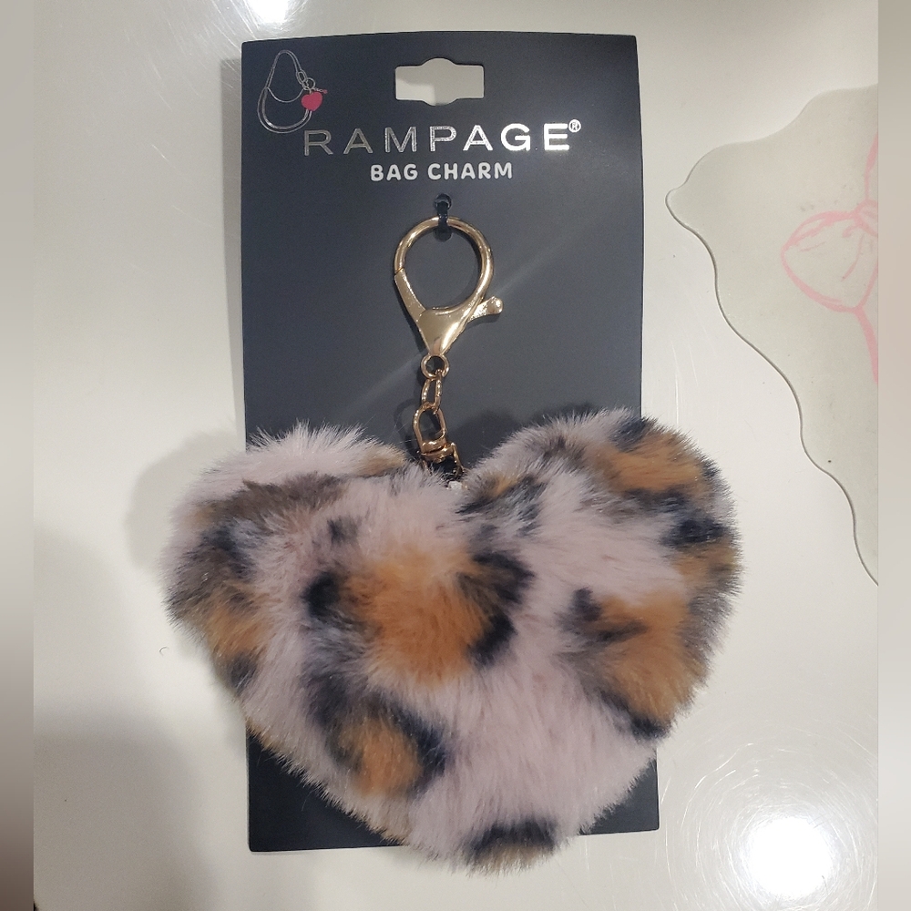 Rampage Pink Heart-Shaped Leopard Print Fur Bag Charm NWT
